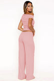 Solid Sloping-Shoulder Shirred Slim Top & Wide-Leg Trousers 2-Piece Co-ord Set