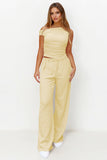 Solid Sloping-Shoulder Shirred Slim Top & Wide-Leg Trousers 2-Piece Co-ord Set