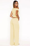 Solid Sloping-Shoulder Shirred Slim Top & Wide-Leg Trousers 2-Piece Co-ord Set