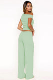 Solid Sloping-Shoulder Shirred Slim Top & Wide-Leg Trousers 2-Piece Co-ord Set