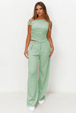 Solid Sloping-Shoulder Shirred Slim Top & Wide-Leg Trousers 2-Piece Co-ord Set