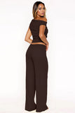 Solid Sloping-Shoulder Shirred Slim Top & Wide-Leg Trousers 2-Piece Co-ord Set