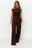 Solid Sloping-Shoulder Shirred Slim Top & Wide-Leg Trousers 2-Piece Co-ord Set