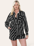 Trendy Color Matching Stripe Patch Pocket Button-Up Long Sleeve Shirt & Wide Leg Shorts Co-ord