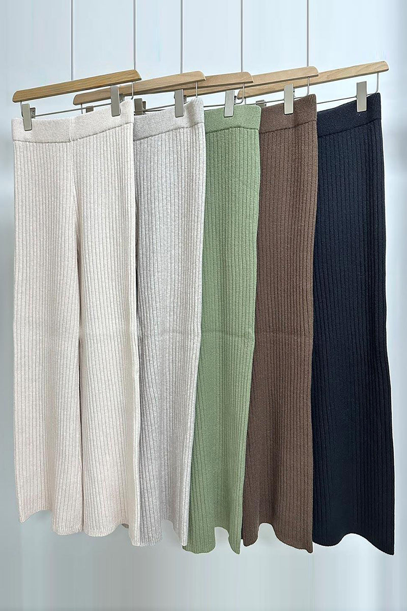 KATCH ME Elastic High Waist Rib Stretch Wide Leg Trousers