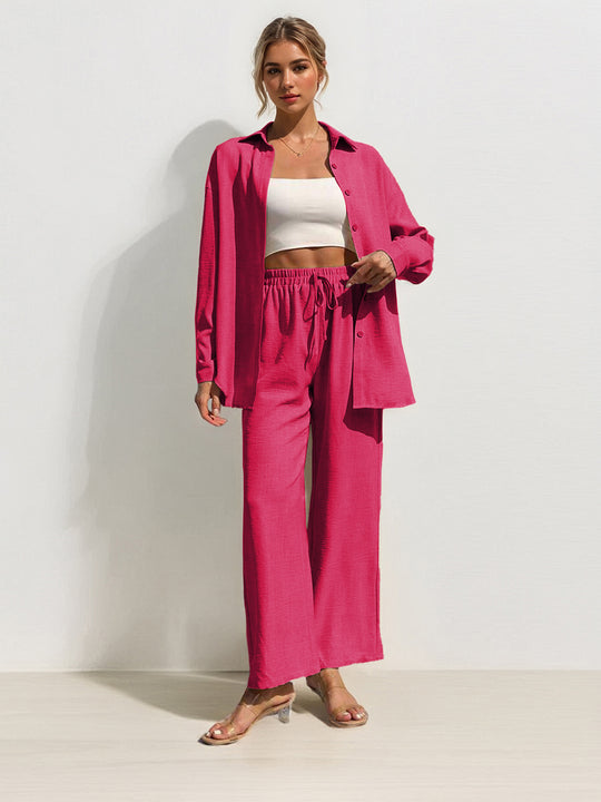 Leisure Plain Collared Long Sleeve Button Up Loose Shirt & Drawstring Wide Leg Trousers Co-ord
