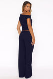 Solid Sloping-Shoulder Shirred Slim Top & Wide-Leg Trousers 2-Piece Co-ord Set