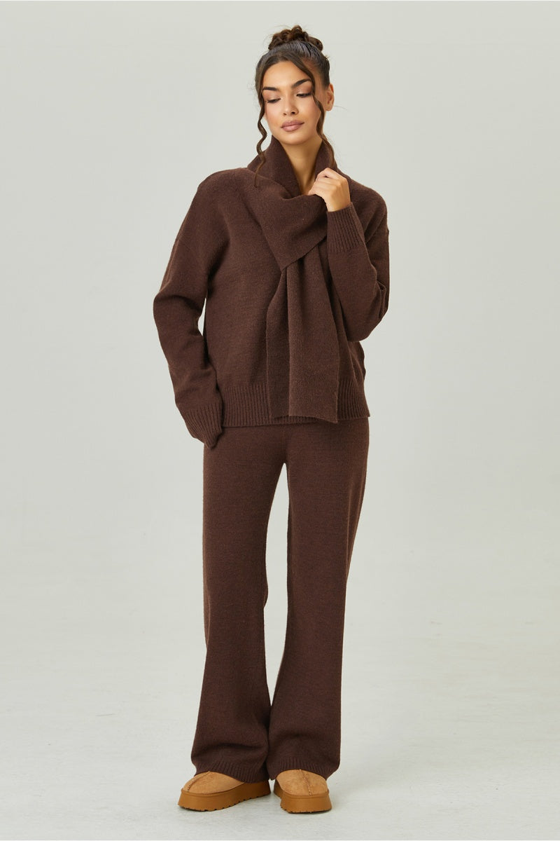 Katch Me Look Women's Slouchy Solid Color V-Neck Long Sleeve Sweater with Scarf & Wide Leg Trousers Co-ord, Cozy Fall & Winter Outfits, Ladies' Knit Clothing