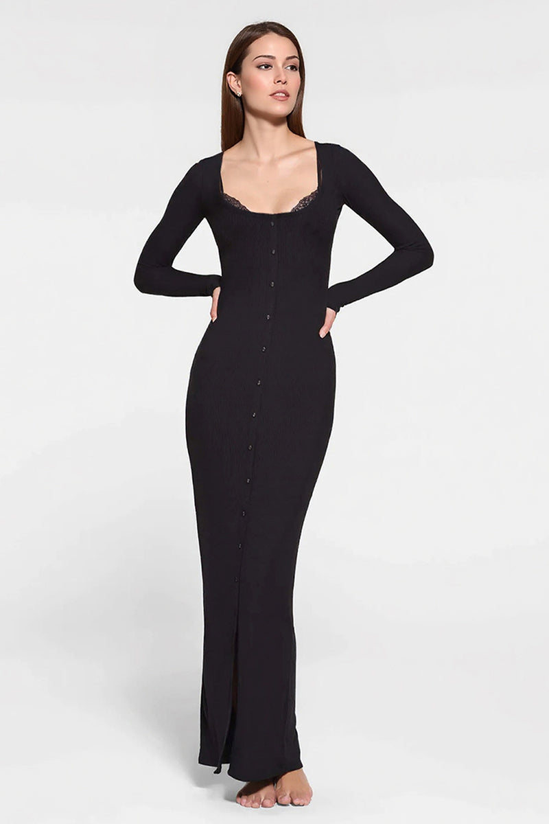 KATCH ME Slinky Lace Trim U Neck Button Maxi Dress