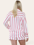 Trendy Color Matching Stripe Patch Pocket Button-Up Long Sleeve Shirt & Wide Leg Shorts Co-ord
