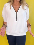 KATCH ME Chiffon Half-zip Short-sleeved Casual Top