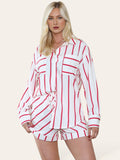 Trendy Color Matching Stripe Patch Pocket Button-Up Long Sleeve Shirt & Wide Leg Shorts Co-ord