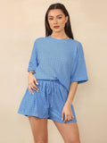 Classy Jacquard Crew Neck Top & Drawstring Waist Shorts Co-ord
