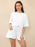 Classy Jacquard Crew Neck Top & Drawstring Waist Shorts Co-ord