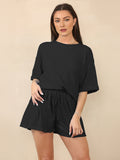 Classy Jacquard Crew Neck Top & Drawstring Waist Shorts Co-ord