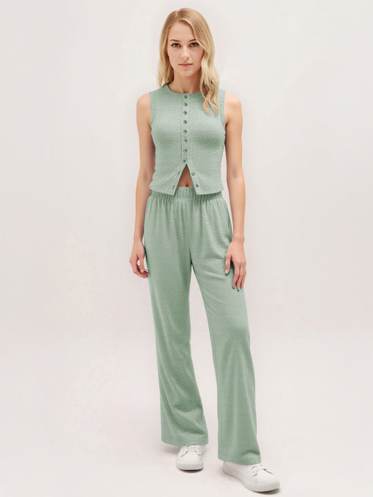 Leisure Round Neck Button Tank Top & Stretchy Trousers Co-ord