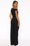 Solid Sloping-Shoulder Shirred Slim Top & Wide-Leg Trousers 2-Piece Co-ord Set