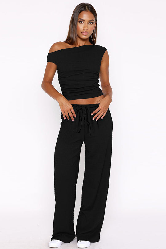 Solid Sloping-Shoulder Shirred Slim Top & Wide-Leg Trousers 2-Piece Co-ord Set