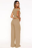 Solid Sloping-Shoulder Shirred Slim Top & Wide-Leg Trousers 2-Piece Co-ord Set