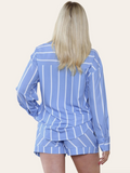 Trendy Color Matching Stripe Patch Pocket Button-Up Long Sleeve Shirt & Wide Leg Shorts Co-ord