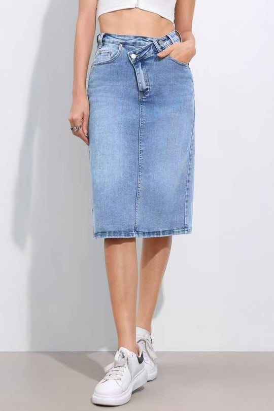 Casual Irregular Button Design Denim Straight Skirt