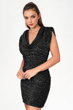 KATCH ME Cowl Neck Cap Sleeve All-Over Sequin Slinky Mini Dress