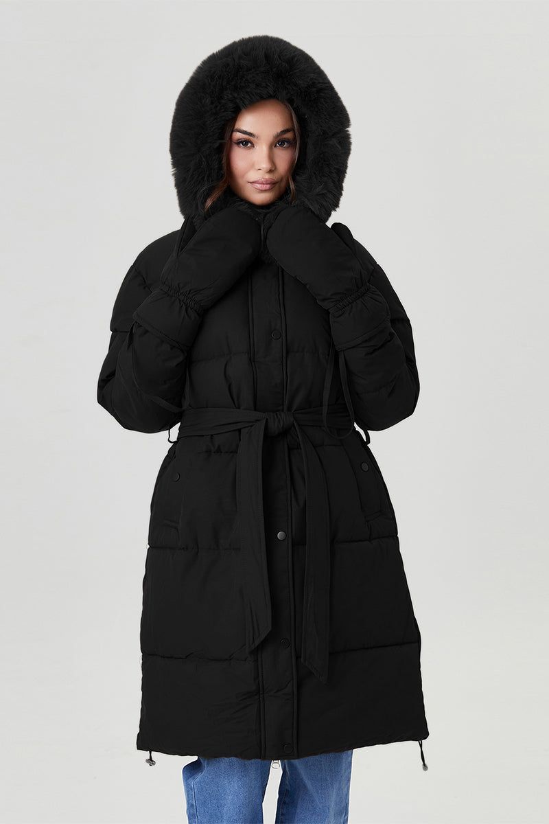 KATCH ME Women's Winter Cozy Solid Color Fluffy Hooded Waist Tie Thermal Long Outerwear with Gloves  45.99