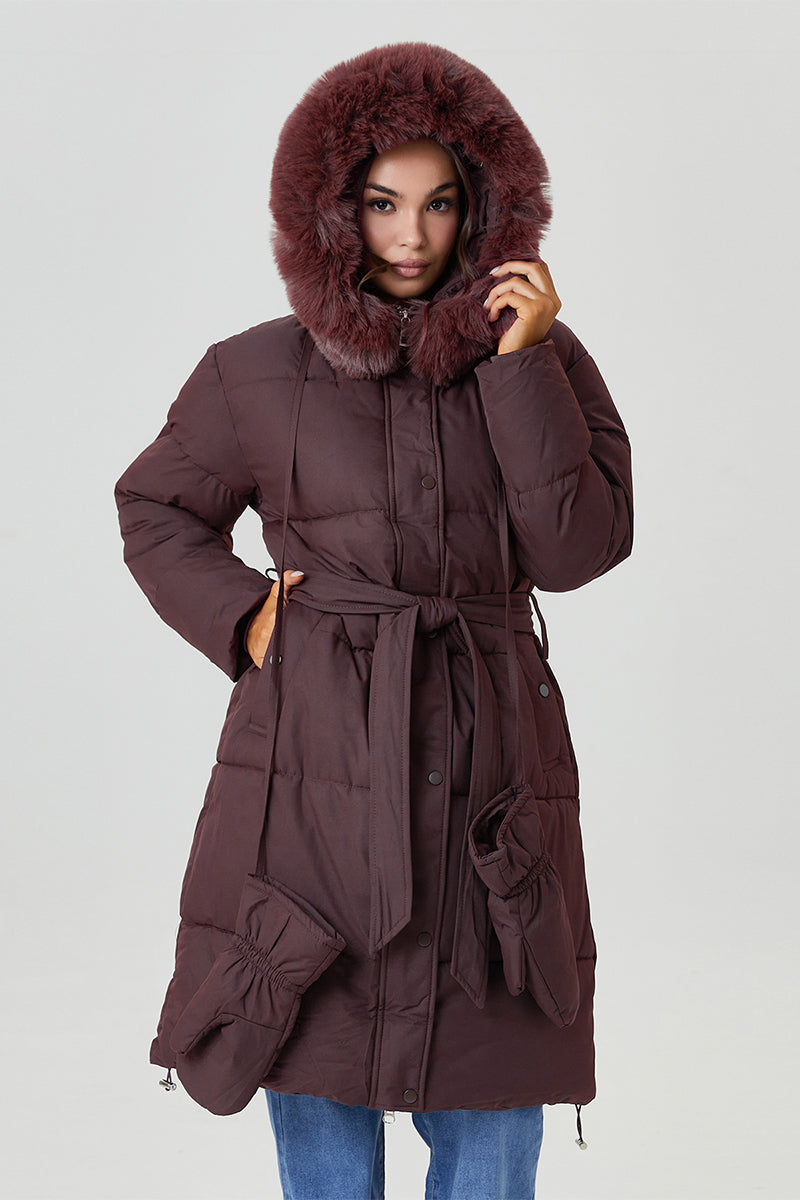 KATCH ME Women's Winter Cozy Solid Color Fluffy Hooded Waist Tie Thermal Long Outerwear with Gloves  45.99
