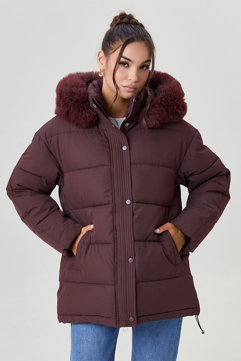 KATCH ME Women's Classy Solid Color Fluffy Hooded Zip-Up Belt Decor Mid-Length Cotton Coat  39.99