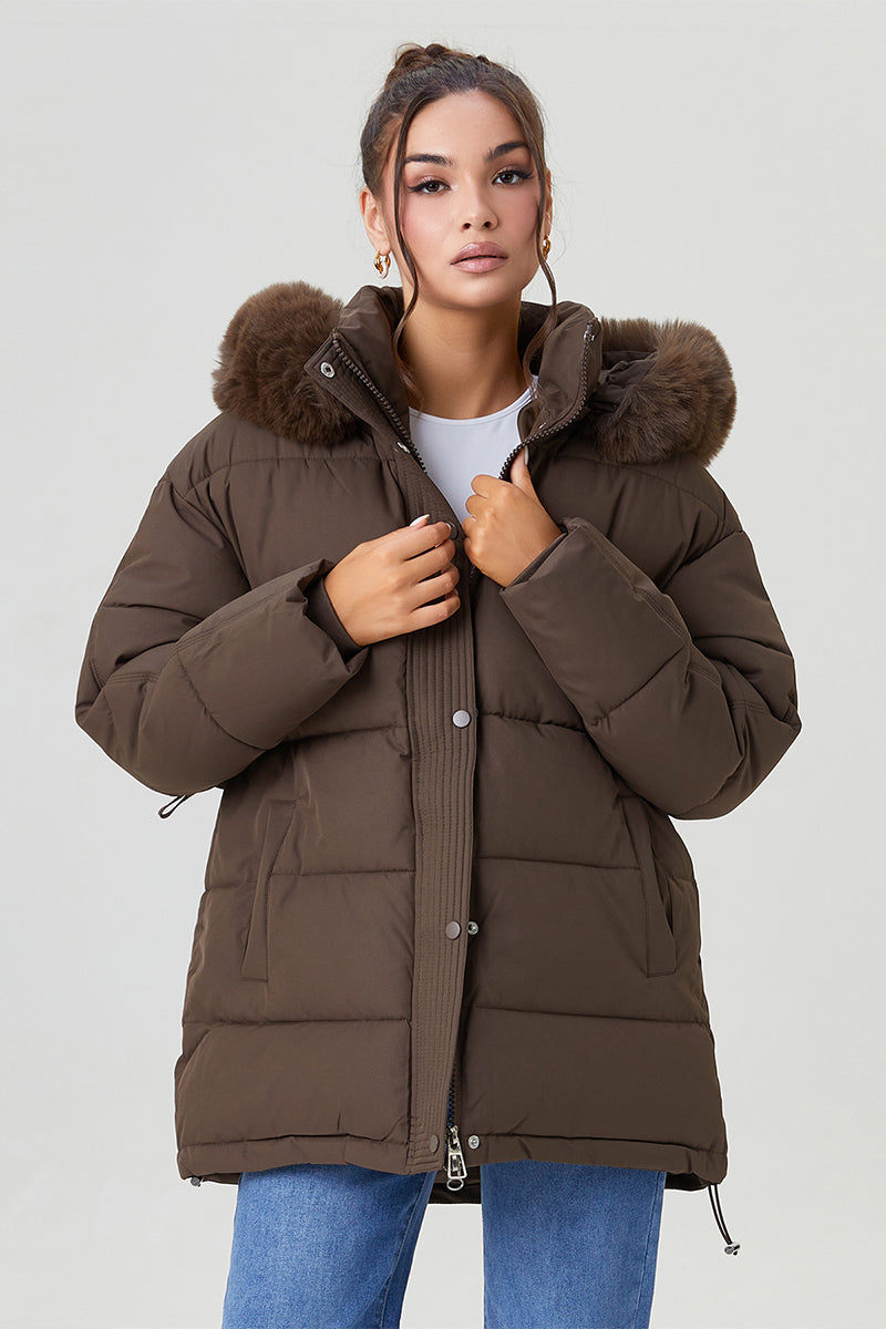 KATCH ME Women's Classy Solid Color Fluffy Hooded Zip-Up Belt Decor Mid-Length Cotton Coat  39.99