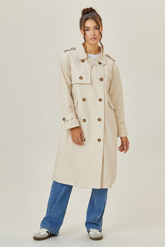 Women's Classy Solid Color Double Breasted Long Sleeve Belt Decor Fleece Trench Coat with Fleece-Lined