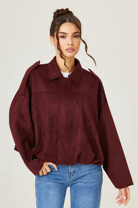 Women's Vinatge Oversize Solid Color Suede Bomber Jacket for Fall & Winter