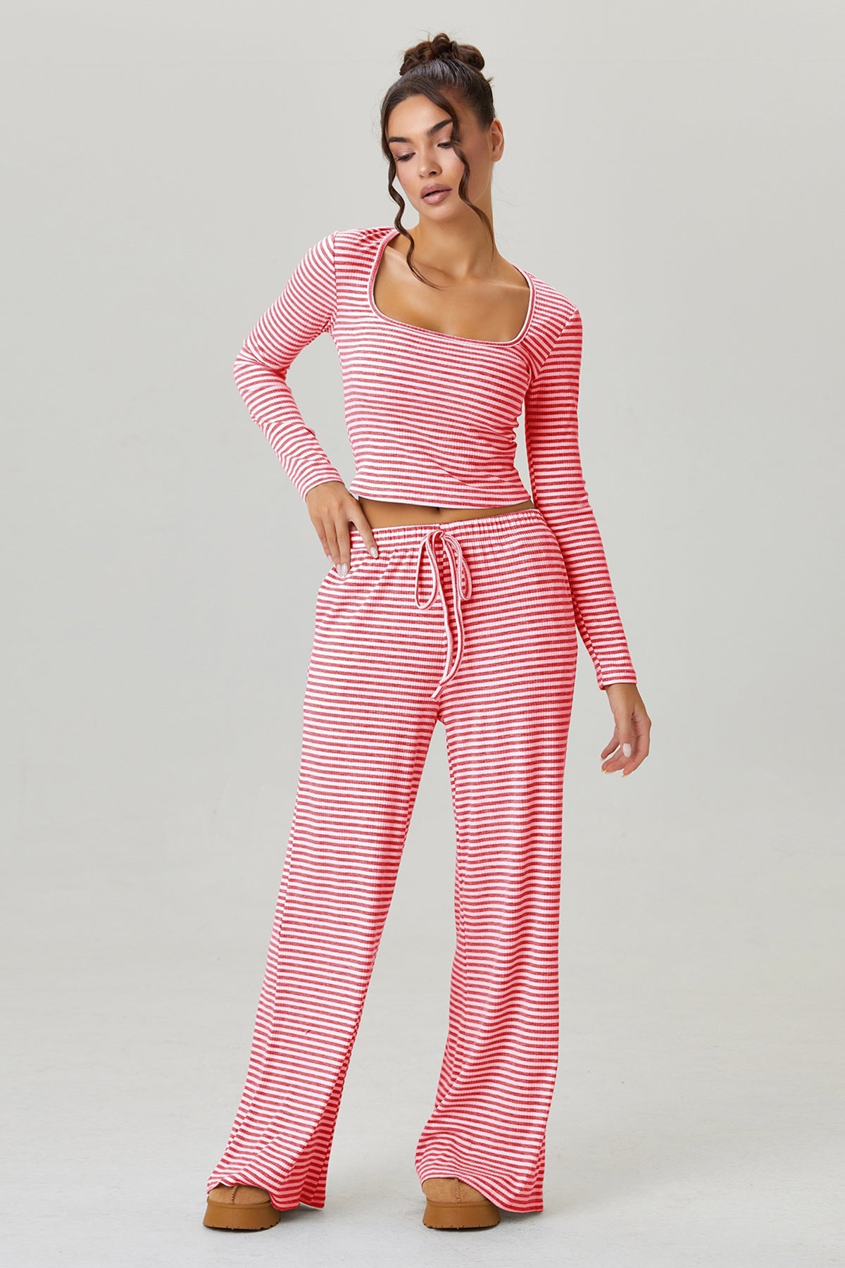 KATCH ME KatchMe Slouchy Stripe Long Sleeve Crop Top & Low-Rise Trousers Co-ord