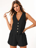 Katch Me Look Women's Sophisticated V Neck Sleeveless Button-Up Tank Top & Wide Leg Shorts Co-ord
