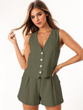 Katch Me Look Women's Sophisticated V Neck Sleeveless Button-Up Tank Top & Wide Leg Shorts Co-ord