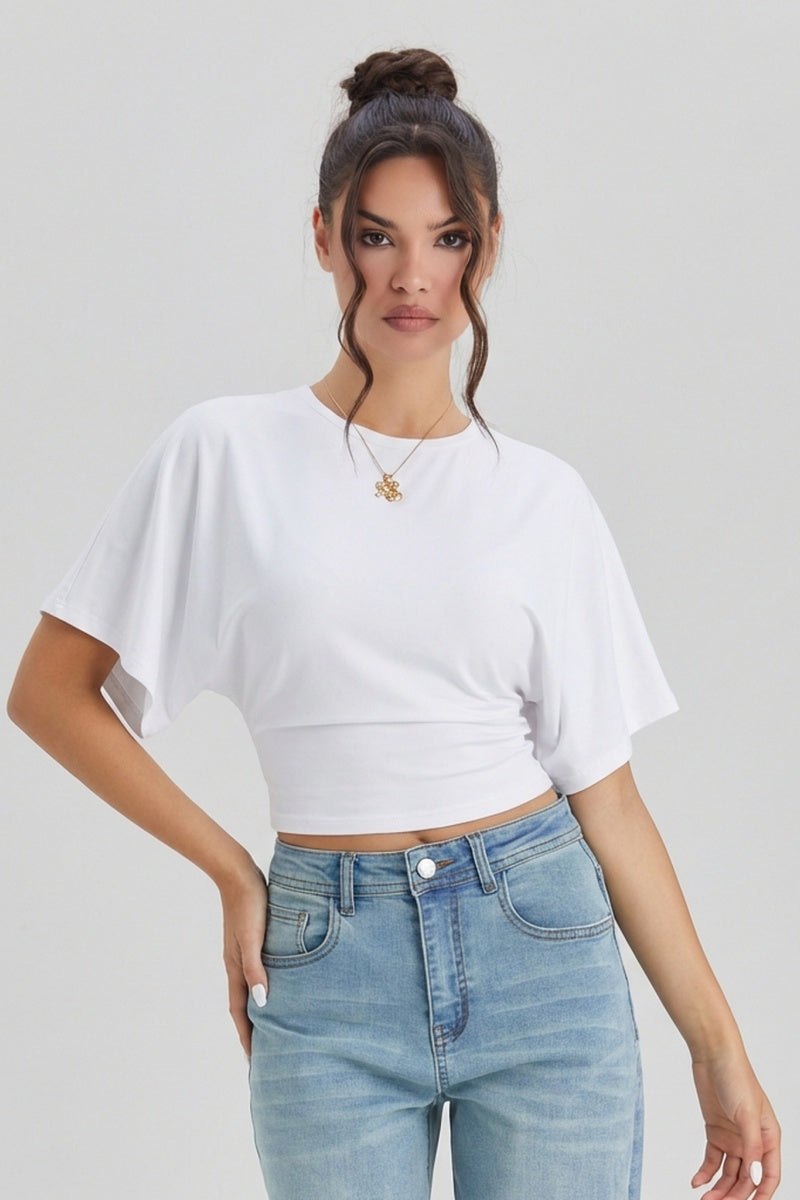 Katchme Soft Comfort Solid Color Batwing Sleeve Cinched Waist Top(Size Up Recommended)