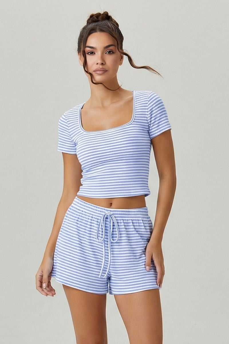 KATCH ME Co Ords Stripe Square Neck Short Sleeve Top Shorts