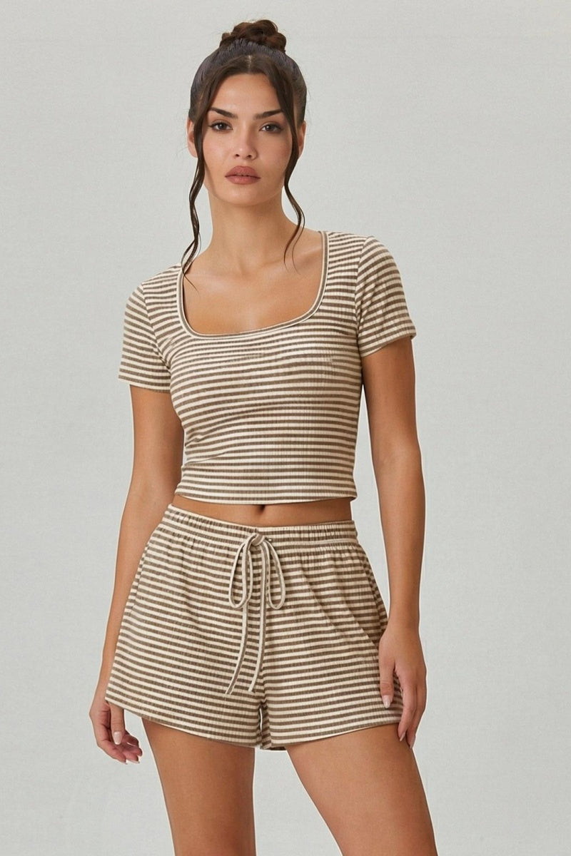 KATCH ME Co Ords Stripe Square Neck Short Sleeve Top Shorts