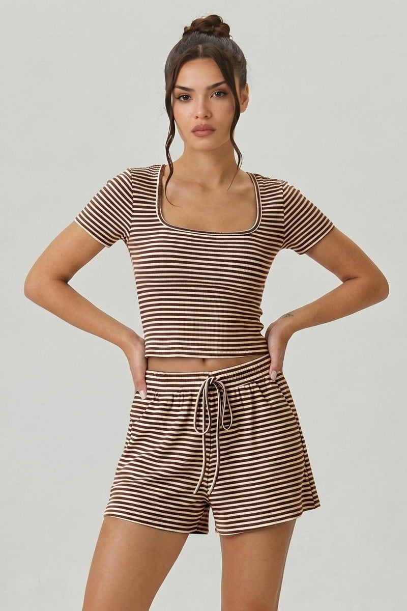 KATCH ME Co Ords Stripe Square Neck Short Sleeve Top Shorts
