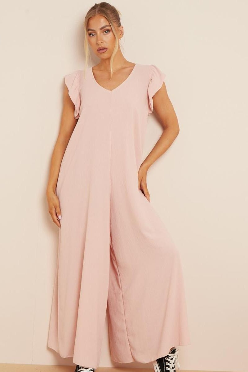KATCH ME Loose Jumpsuit V Neck Tie Back Puff Sleeve Baggy
