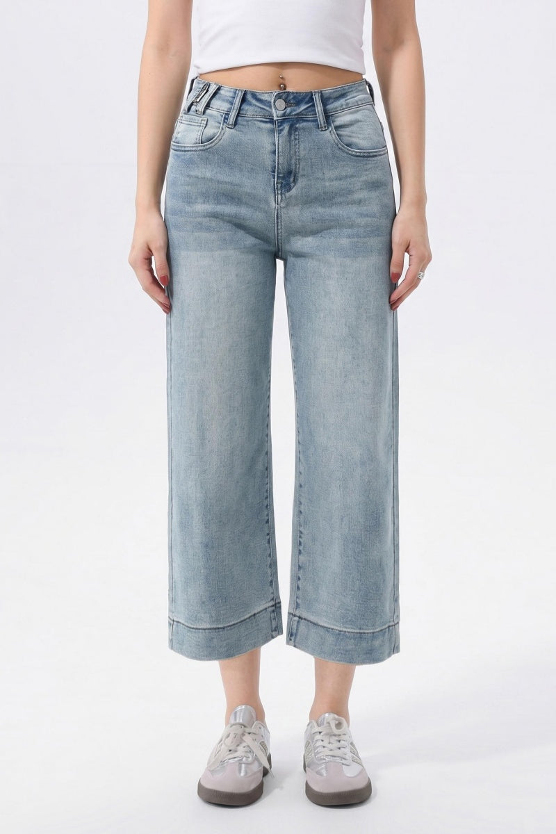 KATCH ME Women's Mid-Rise Wide Leg Cropped Jeans, Multi-Pocket Street Style Stretchy Denim Trousers