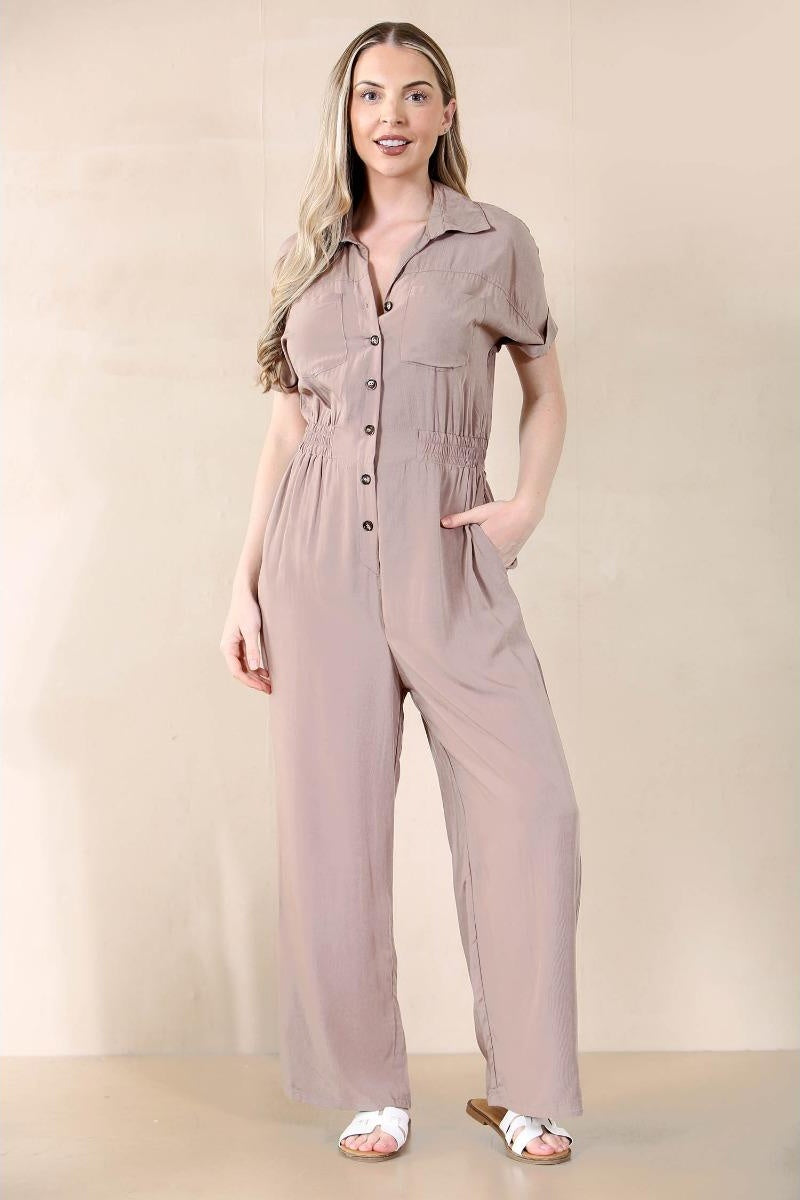 KATCH ME Partial Button Ruched Waist Pocket Short Sleeve Jumpsuit
