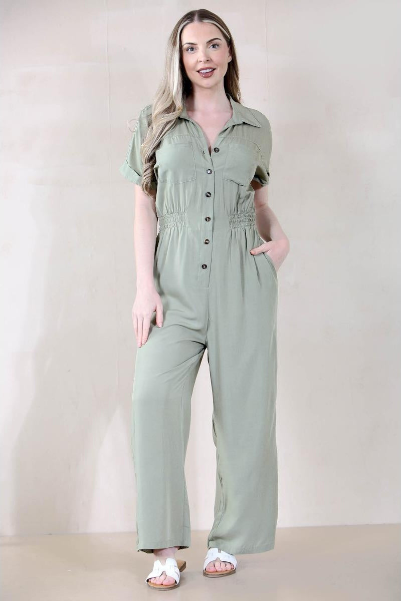 KATCH ME Partial Button Ruched Waist Pocket Short Sleeve Jumpsuit