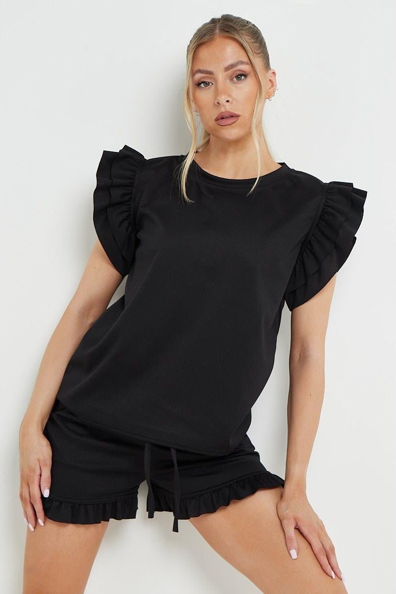 KATCH ME Solid Ruffle Sleeve Top & Pocket Shorts Co-ord Set