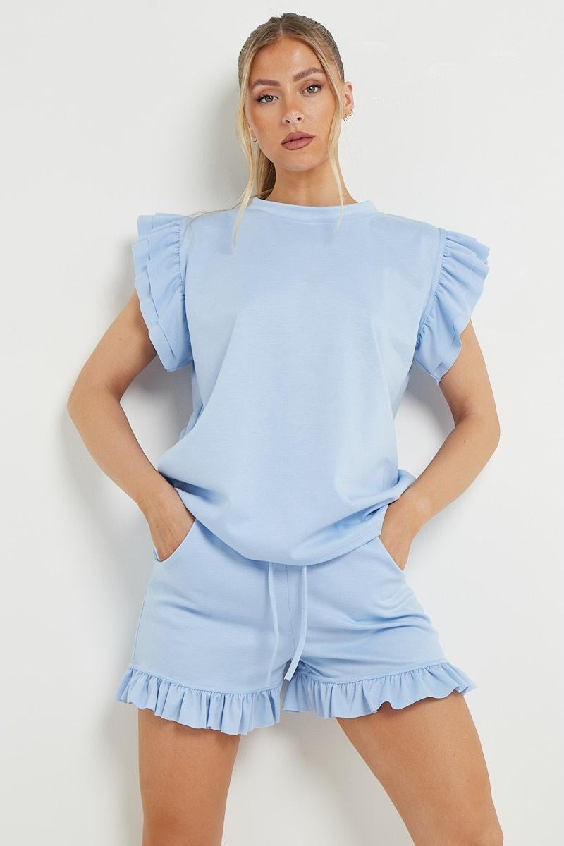 KATCH ME Solid Ruffle Sleeve Top & Pocket Shorts Co-ord Set