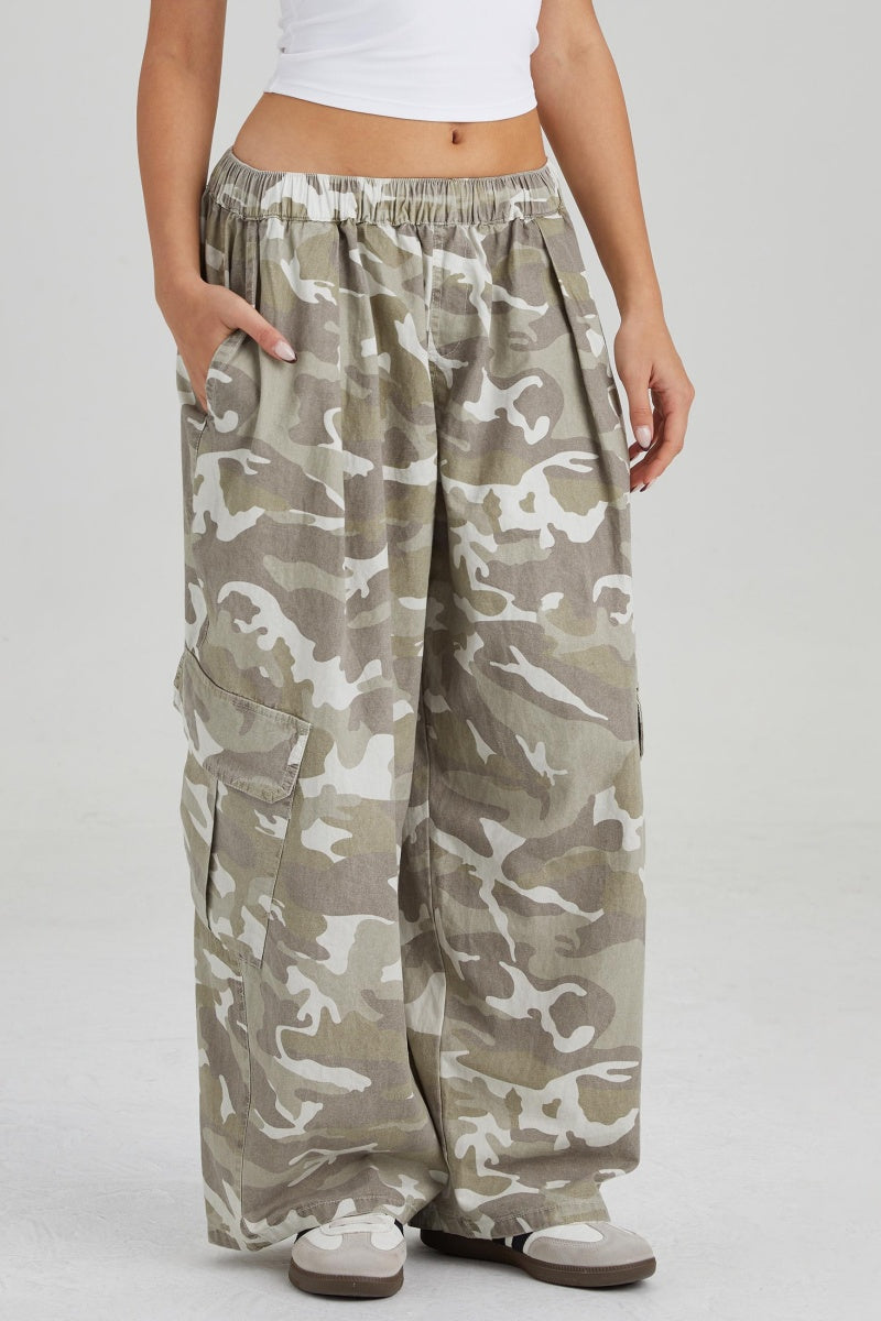 KATCH ME Women's Camouflage Wide Leg Cargo Pants, Elastic Waist Utility Trousers