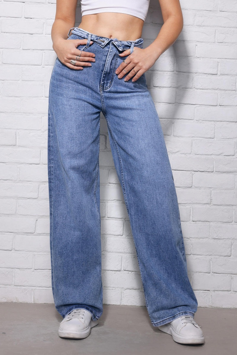 KATCH ME Women's Folded-Waist Wide-Leg Floor-Length Denim Jeans