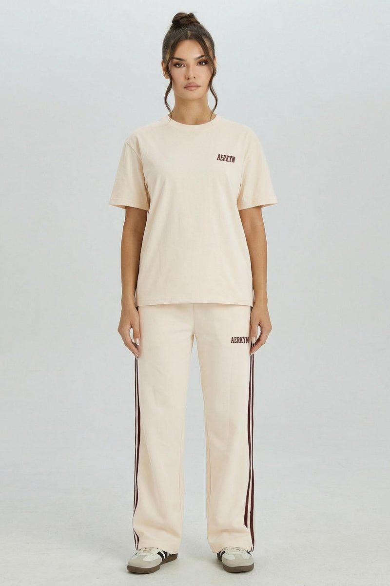 KATCH ME Women's Versatile Letter Print Short Sleeve Top & Drawstring Waist Side Stripe Trousers Co-ord, Minimalist Soft Loose Two Piece Outfits