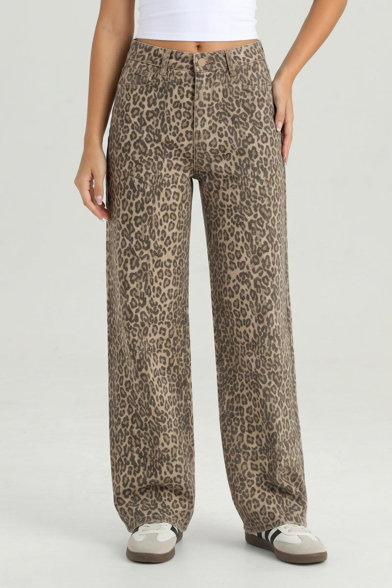KatchMe Women's Vintage Leopard Print High Waist Wide Leg Jeans, Y2K Street Style Baggy Durable Denim Trousers, Casual Wrinkle-Resistant Stretch Loose Fit Cotton Bottoms