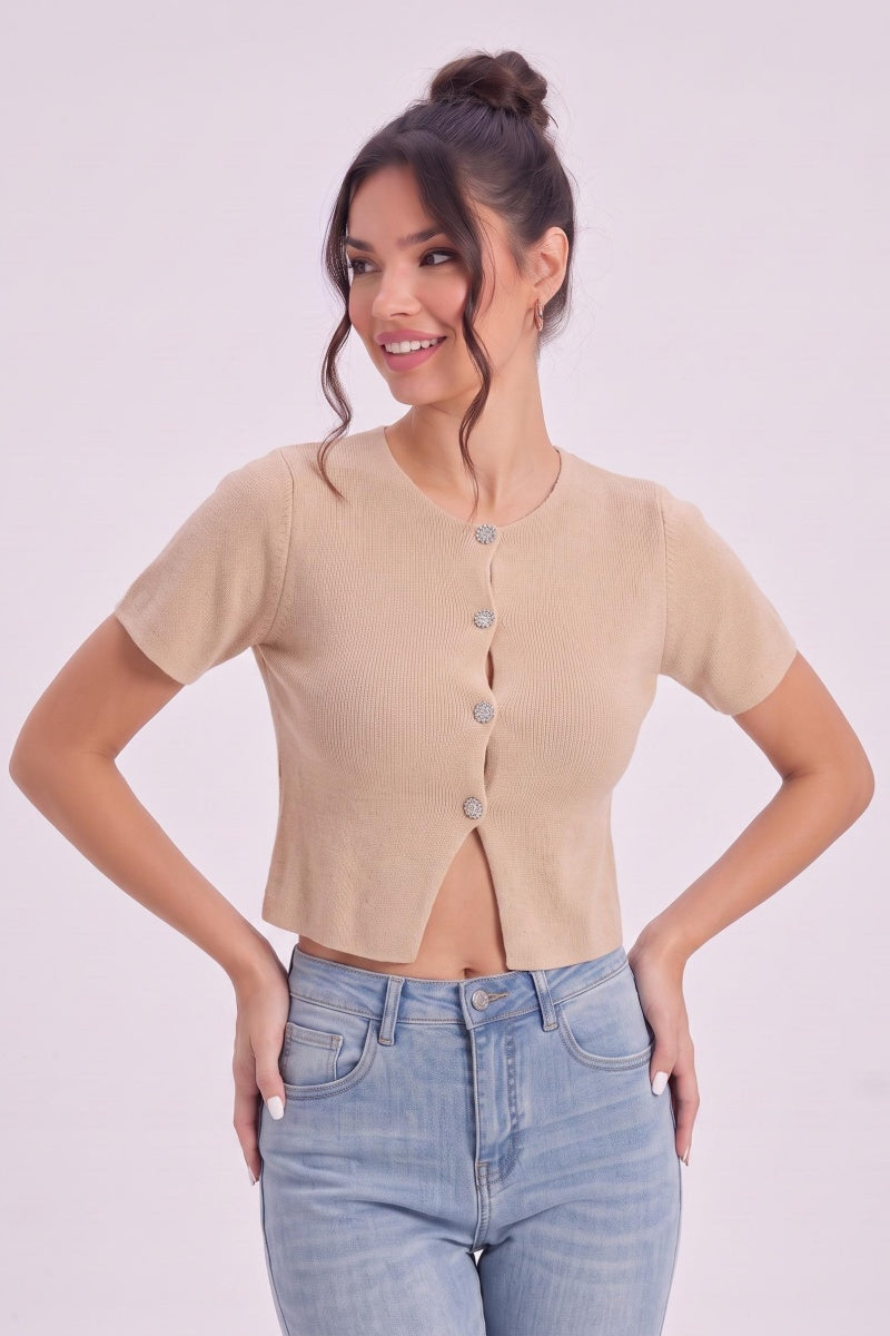KatchMe Women's Basic Solid Color Crew Neck Button-Up Crop Top, Casual Short Sleeve Split Hem Flattering Tee, Summer Soft Stretchy Lightweight Skin-Friendly Daily Wear